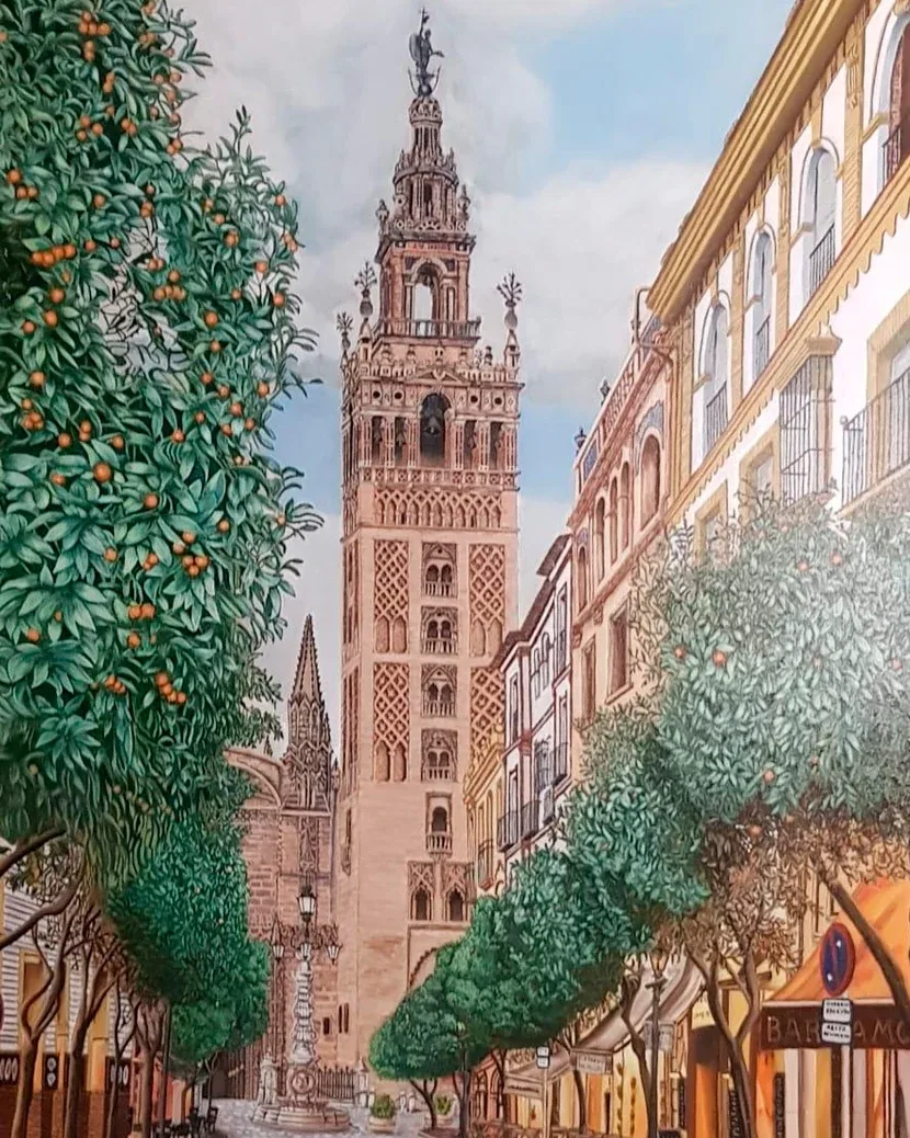Andalucía, de Lorenzo Plaza: calle de Sevilla con naranjos y la Giralda al fondo