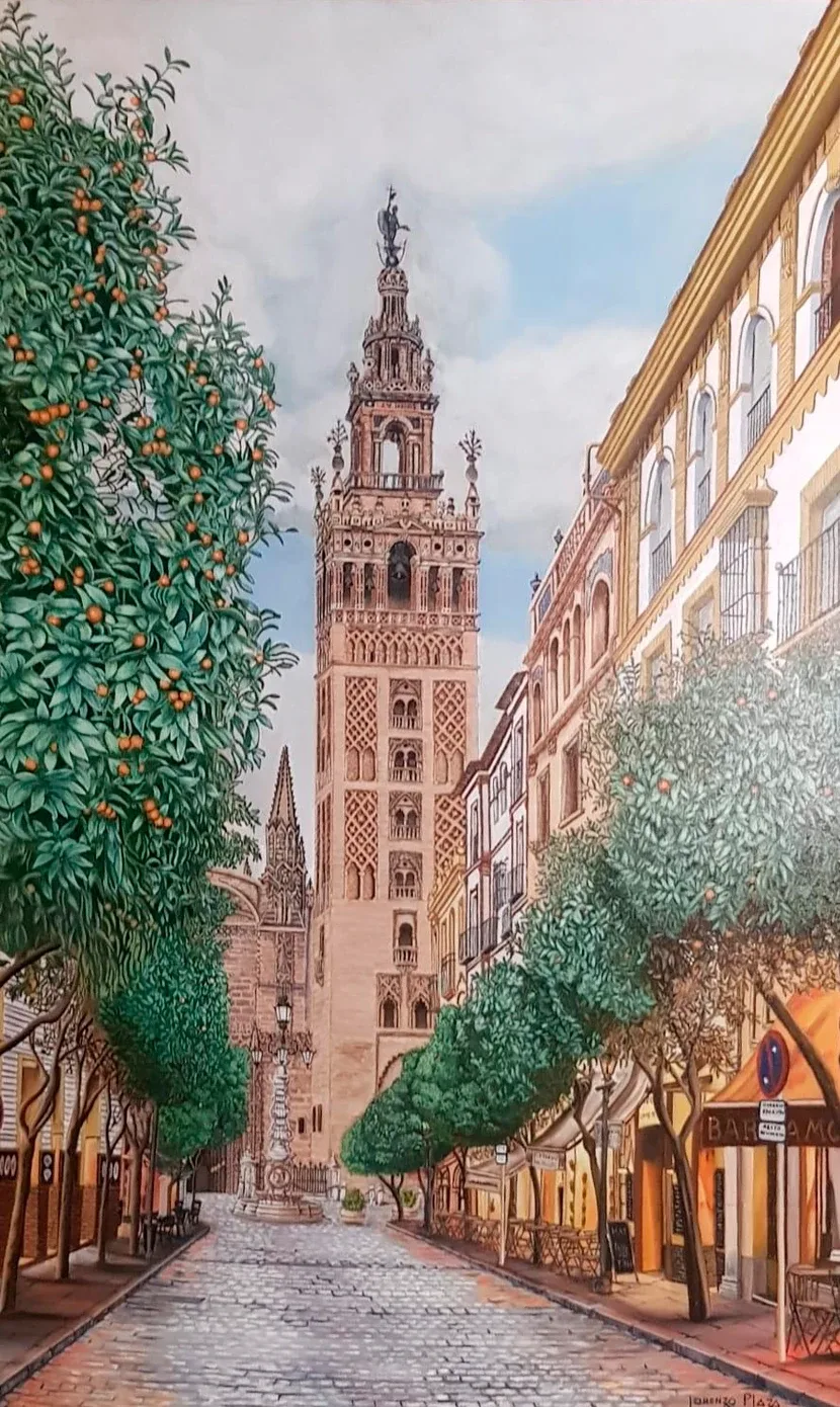 Andalucía, de Lorenzo Plaza: calle de Sevilla con naranjos y la Giralda al fondo