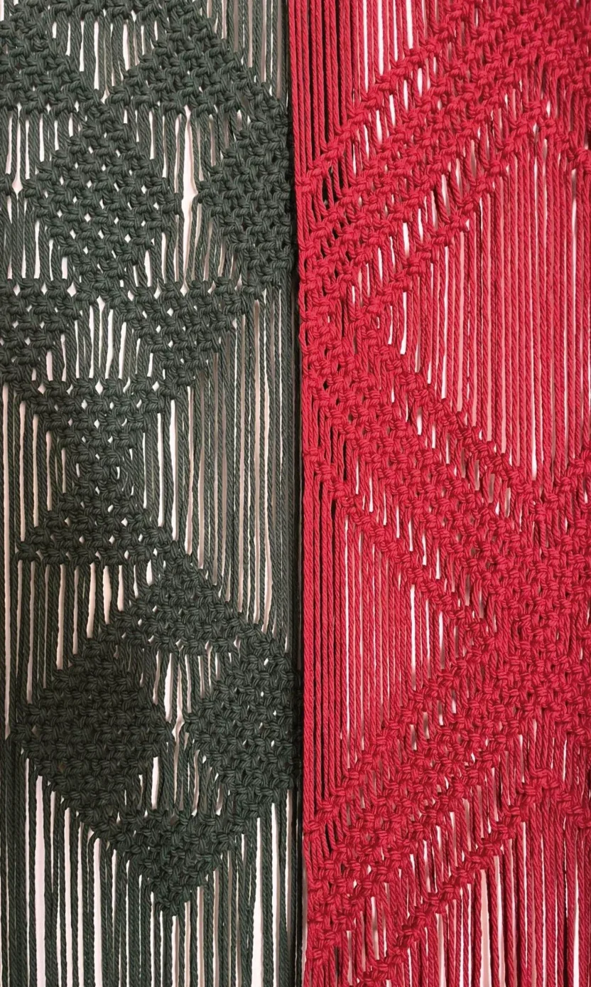 La Isla, de Cristina Quirós: dos piezas de macramé, una verde oscuro y otra roja, con rombos anudados